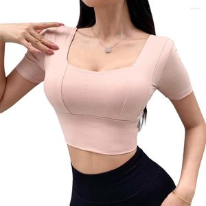 T-shirts pour femmes Workout Crop Tops pour femmes Slim Fit Sports Shirt Athletic Gym Top Tee Manches courtes Col carré avec soutien-gorge intégré