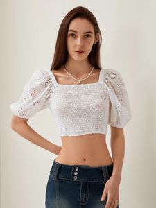 T-shirts pour femmes wsevypo chic fleur d'été fleurie creuse au crochet blanc t-shirts mode bouffée manche courte couche carrée crop tops pour quotidiennement
