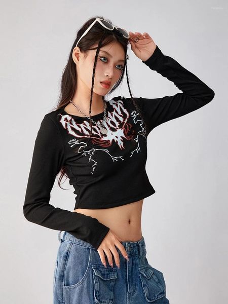 T-shirts Femmes Wsevypo Gothique Noir Femmes T-shirts Grunge Style Punk À Manches Longues Col Rond Totem Imprimer Crop Top Streetwear Casual Pull