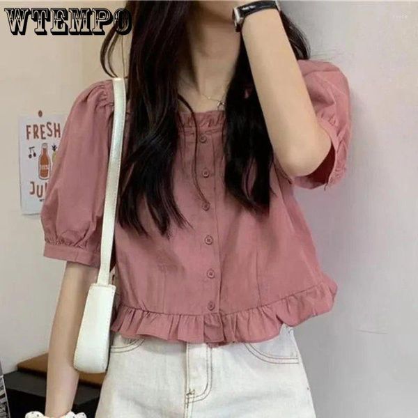 Camisetas de mujer WTEMPO Ruffles Linda blusa de verano para mujer de cintura alta con mangas abullonadas recortadas Tops blanco rosa elegante abotonada al por mayor