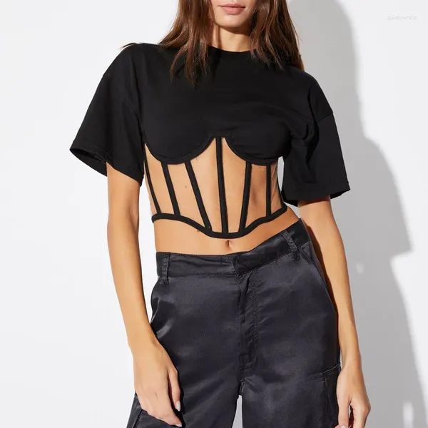 T-shirts Femmes Wuhe Sexy Sheer Mesh Patchwork Femmes T-shirts Solide Pull Stretchy Summer Crop Tops Tees Vêtements de mode Streetwear