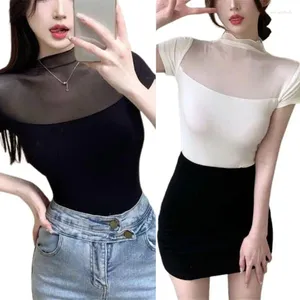 Dames T-shirts X7YA Zachte stof Mesh stiksels Coltrui Crop Top voor dames Effen feestkleding