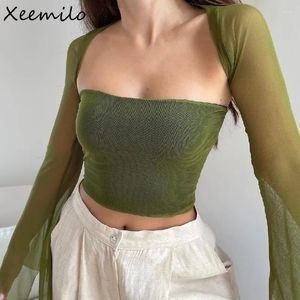 Dames t shirts xeemilo esthetische vintage dames 2 -delige sets groene strapless tanktop met sexy mesh pure flare lange mouw sjaalstraat