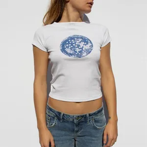 Dames t shirts xingqing 2000s crop top y2k baby tee grafische disco ball print round nek shirt shirt met korte mouwen vrouwen esthetische kleding