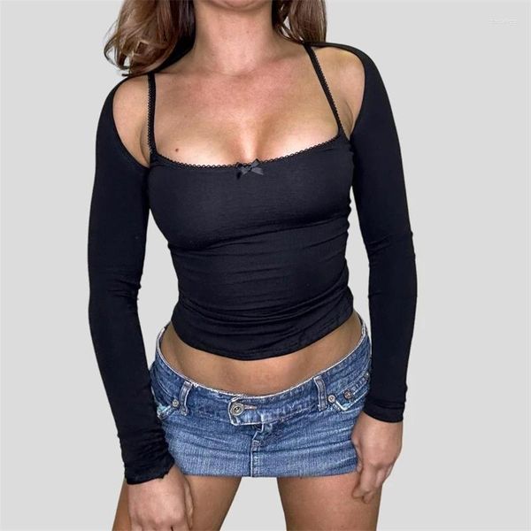 T-shirts pour femmes Xingqing 2pcs tenues femmes vêtements esthétiques dentelle garniture spaghetti sangle sans manches crop top et manches longues haussement d'épaules