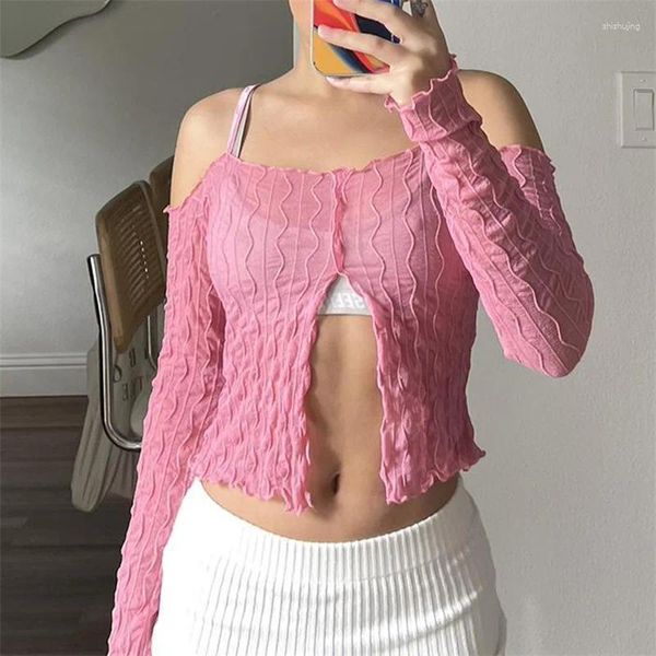 T-shirts Femmes Xingqing Fairycore Crop Tops Y2K Vêtements Femmes Couleur Solide Épaule froide Manches longues Front Split Ruffle Streetwear