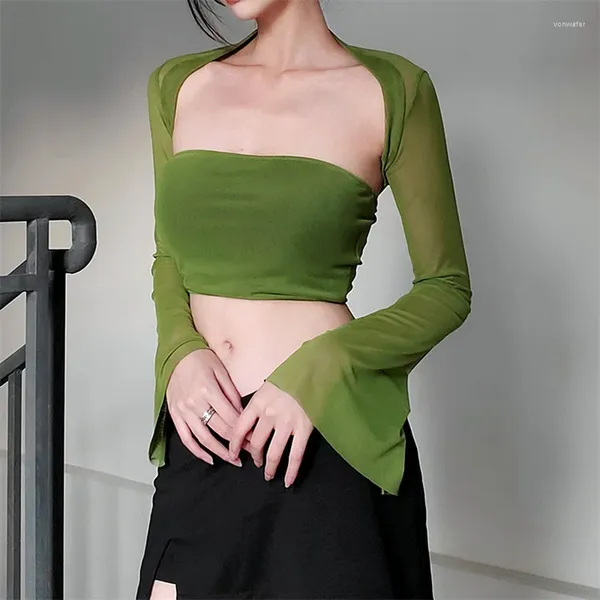 Camisetas para mujer Xingqing Shrug and Top Set 2000s Ropa estética para mujer Color sólido Fuera del hombro Bandeau con manga larga Cubrir