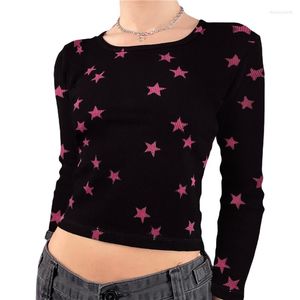 T-shirts pour femmes Xingqing Y2k Graphic Shirt pour femmes Star/Swirl/Ball Print Long Sleeve Crop Top 2000s Aesthetic Vintage Clothes Streetwear