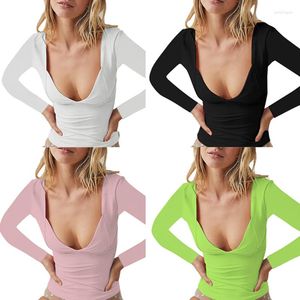 T-shirts Femmes Xingqing Y2K Manches longues Crop Top 2000s Esthétique Femmes Solide Couleur Low Cut Chemise Slim Fit Tees Streetwear Cropped Feminino