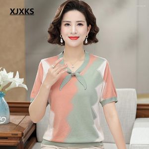 T-shirts pour femmes XJXKS 2023 tempérament d'été haut à manches courtes de haute qualité en soie de mûrier couleur bloquant T-shirt ample surdimensionné