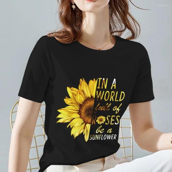 T-shirts Femmes XXS-3XL Femmes Summer Print T-shirt Marguerites Modèle Série Femelle Tee Noir All-Match Dames O-Cou Tops Vêtements Drop