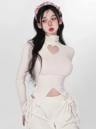 T-shirts pour femmes Y2k Chemise à col roulé esthétique à manches longues All Match Mode coréenne T-shirts sexy Coeur évider irrégulière Slim Fairy Crop
