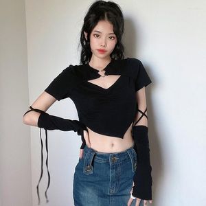 T-shirts pour femmes Y2K Aesthetic Women Cropped Tops Vintage T-ShirtsGothic Long Sleeve With Gloves Harajuku Casual Korean Style Slim Tees