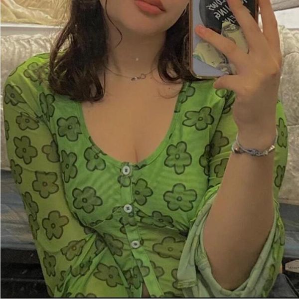 T-shirts pour femmes Y2K Aesthetics Mesh Buttons Flare Sleeve Crop Tops Harajuku Floral Print Green T-shirt 90s Women Vintage Clothes Summer Tee