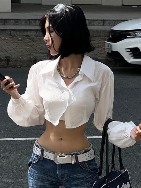 Camisetas de mujer Y2K ropa de manga larga Top blusa blanca ahueca hacia fuera la cosecha otoño primavera sólido Turn Down Collar Streetwear camisa abotonada