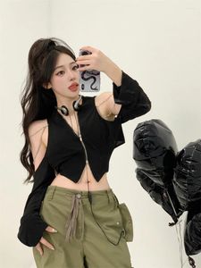 T-shirts Femmes Y2K Crop Tops 2024 Femmes T-shirts Mode d'été Harajuku Zipper Off Épaule Noir Sexy Tees Vêtements coréens pour les adolescents