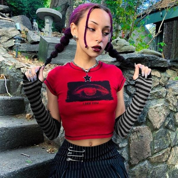 Camisetas para mujer, Top corto con estampado de ojos Y2k, camiseta roja con guantes, camiseta de manga corta con cuello redondo y contraste estético, jerséis bonitos Punk para mujer