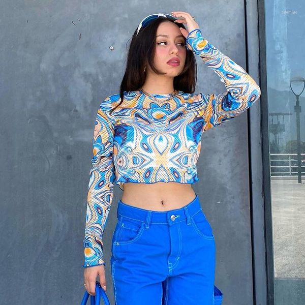 T-shirts pour femmes Y2k Frill Mesh Sheer Crop Top À Manches Longues Abstrait Imprimé Bleu Graphique Streetwear Femmes Vêtements