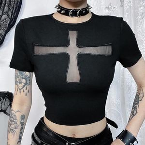 Dames t shirts y2k goth cross-kant zie door korte mouw t-shirts vintage sexy zwart korset crop tops dames zomer slanke tees mode