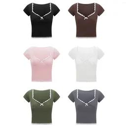 T-shirts pour femmes y2k en dentelle crop top top femmes collier carré collier courte de manche courte coquette esthétique sweet slim tops vêtements