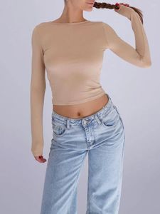 T-shirts Femmes Y2K Manches longues Dos nu Tie-Up Crop Tops Femmes Printemps Automne Solide Skinny Basic Slim Cropped Cut Out Sexy Fits