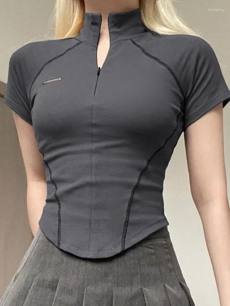 T-shirts pour femmes Y2k Metal Crop Top avec fermeture éclair à manches courtes Biker Moto Tee Mode coréenne Streetwear Chemise Grunge Chic Tenues des années 90