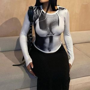 T-shirts pour femmes Y2k Sexy Aesthetic 3D Body Imprimé T-shirt Femmes 2023 Printemps Manches Longues Slim Fit Casual Col Rond Pull Hipster