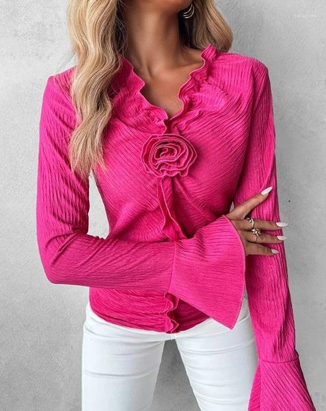 Camisetas para mujer Y2K Tops Moda Blusa para mujer 2024 Primavera Dulce desplazamiento Detalle de rosa Detalle de volante fruncido Top con cuello en V Camisa con mangas acampanadas
