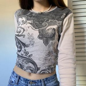 T-shirts pour femmes Y2K Tshirt Fairycore Aesthetics Flower Print Crop Tops Punk Vintage Streetwear E-girl Green Tie Dye T-shirts à manches longues