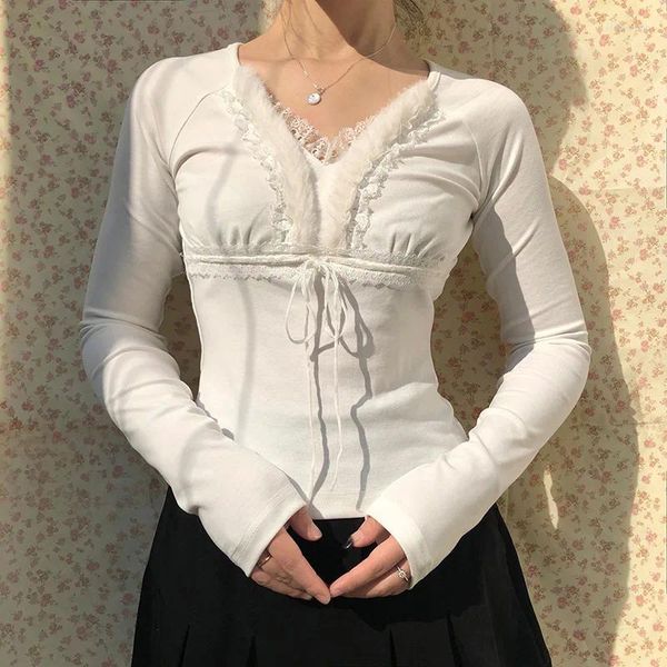 Camisetas para mujer Y2k Top corto de punto blanco Mujer Patchwork Cuello en V Manga larga con cordones Linda camisa dulce Harajuku Chic Casual Tops estéticos