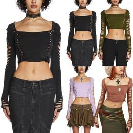 Dames T-shirts Y2K Women Fashion Hollow Out Long Sleeve T-Shirts Square Neck Solid Color Cutout Casual Crop Tops Streetwear