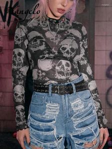 Vrouwen T-shirts Yangelo Mall Gothic Skull Print T-shirt Vrouwelijke Y2K See Through Punk Crop Tops E-meisjes grunge Straat Kleding
