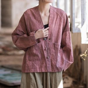 T-shirts Femmes Yasuk AllSeason Rétro Casual Femmes T-shirts doux Doux CottonLinen Porter Solide Vneck Blouse Chemise Tops Style Chinois Long