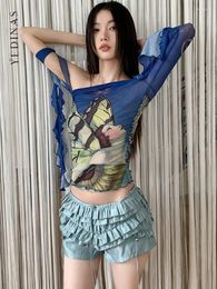 Dames t shirts yedinas grunge esthetiek onregelmatige gaas tops zomer 2024 blauw print shirt vrouwen kleding zoete slanke een schouder y2k tees