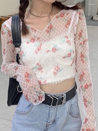 T-shirts pour femmes Yedinas T-shirt de Style coréen femmes à manches longues imprimé fleuri hauts en maille col en V voir à travers T-shirt Transparent e-girls