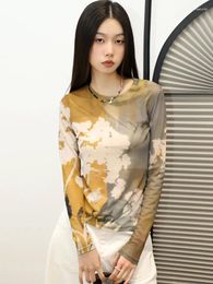 Camisetas para mujer Yedinas Tops de malla Camisa de manga larga Ropa de mujer Fairycore Ver a través de Y2k Skinny Tie Dye Tee E-Girl Camisetas Verano 2024