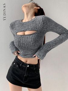 T-shirts Femmes Yedinas Sexy Slim Zipper Hollow Out Chemise Femmes Vêtements À Manches Longues Mode Coréenne Printemps Tee Femme Casual Chic Tops