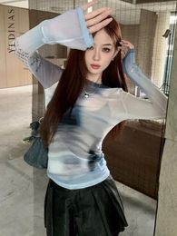 T-shirts pour femmes yedinas tie dye maille tops manches longues mode coréenne voir à travers la chemise des vêtements pour femmes y2k streetwear