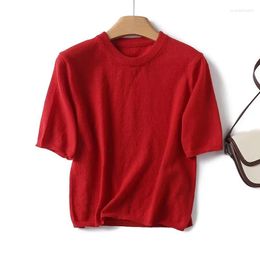 Vrouwen T-shirts YENKYE 2024 Rood Gebreid Shirt Vrouwen O Hals Korte Mouw Lente Zomer Tees Crop Top