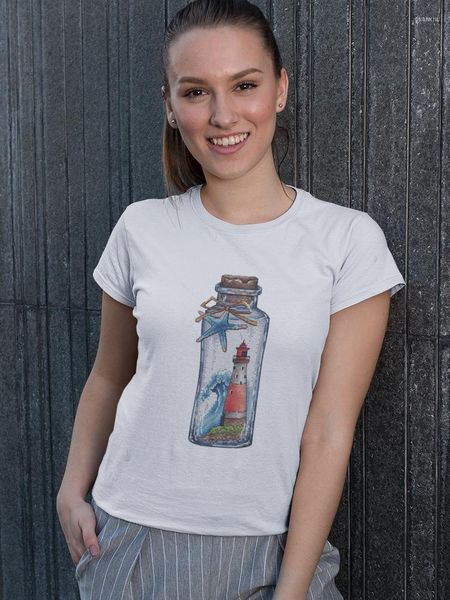 T-shirts pour femmes Yeskuni Aesthetic Art T-shirt Femme Drift Bottle And Lighthouse Graphic Summer Fashion High Street Shirt Short Sleeve
