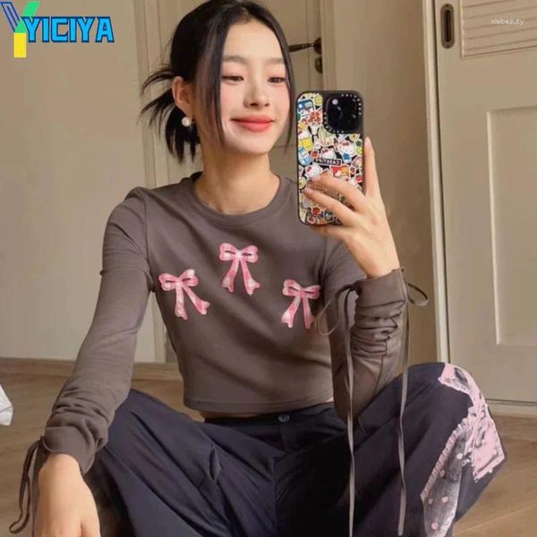 T-shirts Femmes Yiciya Bow Noeud T-shirts Design Tshirt pour femmes Manches longues Oversize Crop Top 2024 Summer Korean Fashion Outfit Vêtements