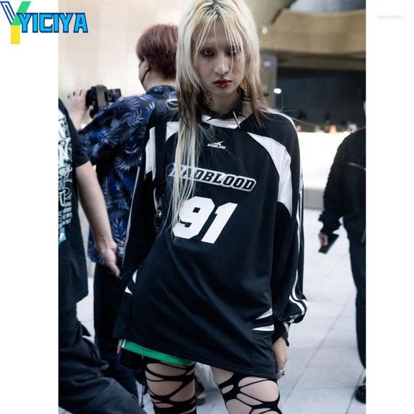 Camisetas para mujer YICIYA Camisetas Y2k Negro Kpop Ropa de moda coreana Mujer Blusas con cuello en V Hip-hop Crop Top American Camiseta de manga larga