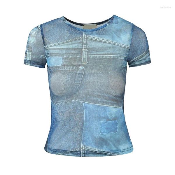 T-shirts pour femmes ynekye denim bleu imprimerie haute maille de strech femme o cou manche courte slim couch top top t-shirt