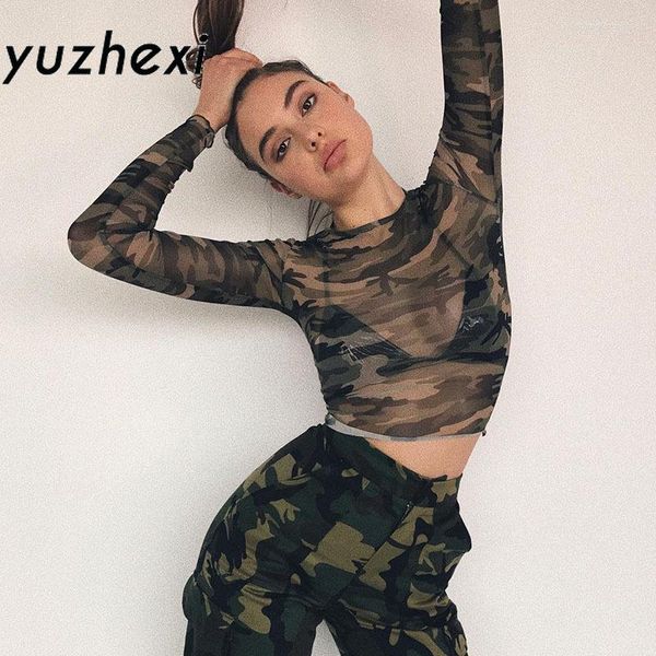 Camisetas de mujer YUZHEXI verano malla transparente camuflaje Top manga larga cuello redondo ver a través de camisa verde militar