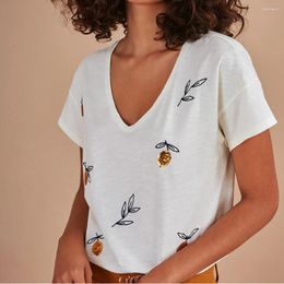 Dames T-shirts Zessam Classic Lemon Pargon Borduurwerk Vrouwen T-shirt Zomer V-Neck losse dame pullover Casual vintage femme top