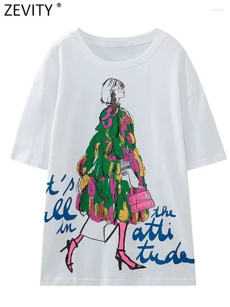 T-shirts Femmes Zevity 2023 Femmes Mode Moderne Fille Imprimer Casual Chemise Blanche Femme Basic O Cou Manches Courtes Chic Tops De Loisirs T5220