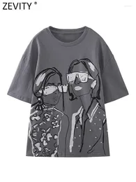 Dames T-shirts Zevity Damesmode Waseffect Print Grijze kleur Casual overhemd Vrouwelijke O-hals Korte mouw Kralen Chique tops