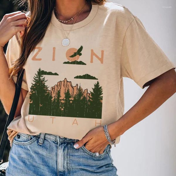 T-shirts pour femmes Zion Mountain Vintage T-shirts Femmes À Manches Courtes Western Randonnée Voyage Chemise Parc National En Plein Air T-Shirt Rétro Boho Tops