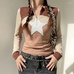 T-shirts pour femmes Zipper Star Patches Design Bodycon Tee Shirt Femme Harajuku Col montant Top Y2K Vintage Graphic