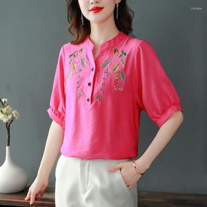 T-shirts pour femmes ZUO MAN RU 2023 été soie fleur broderie col en v petit haut à manches courtes ample grand pull T-shirt